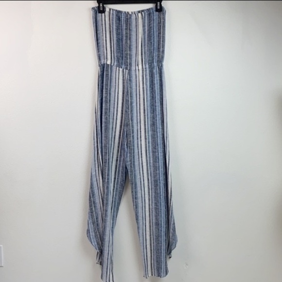 Anthropologie DREW linen Emerson striped strapless pull on split leg jumpsuit - Picture 2 of 12